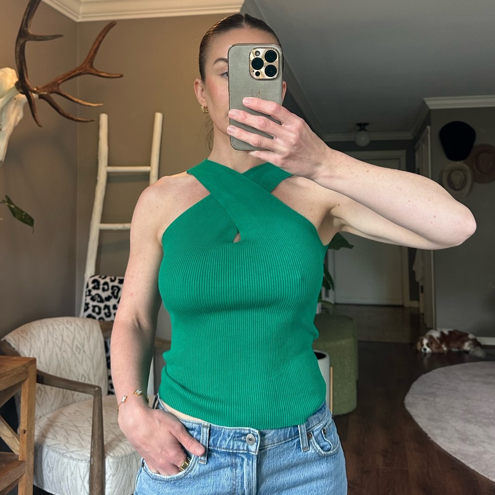 Skies Are Blue Green Cut Out Fitted Tank Top